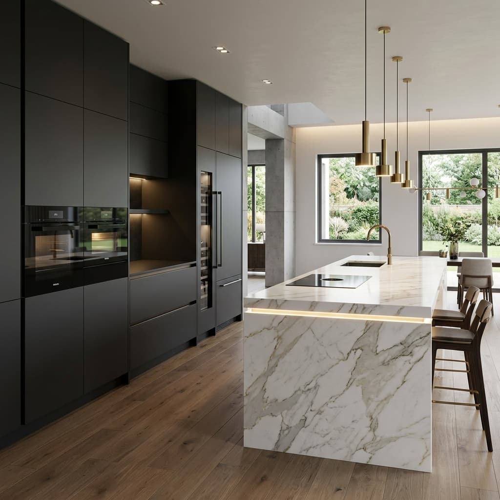 Luxury dark kitchen with a large 4K marble porcelain slab island