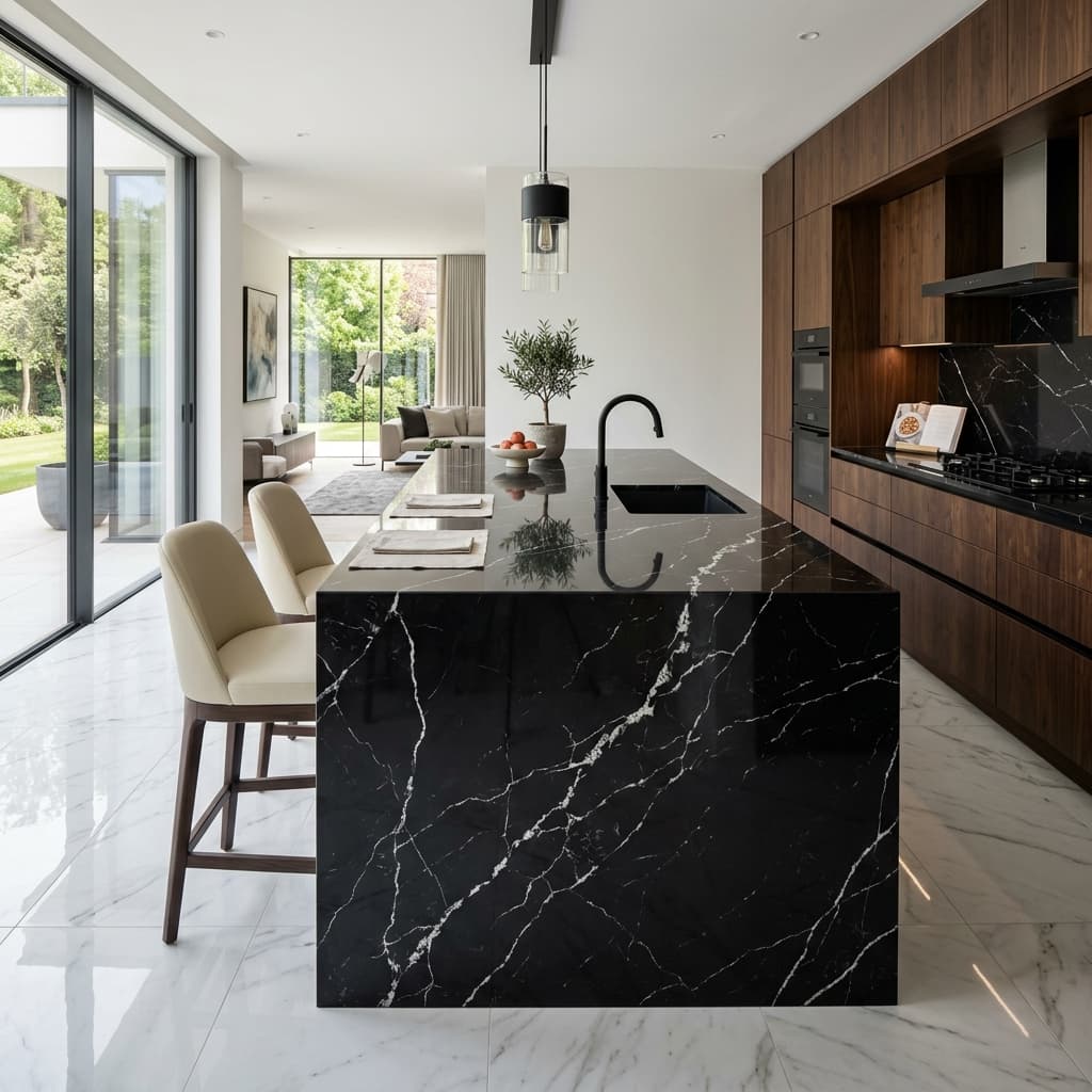 Luxury modern kitchen with a black marble porcelain slab waterfall island